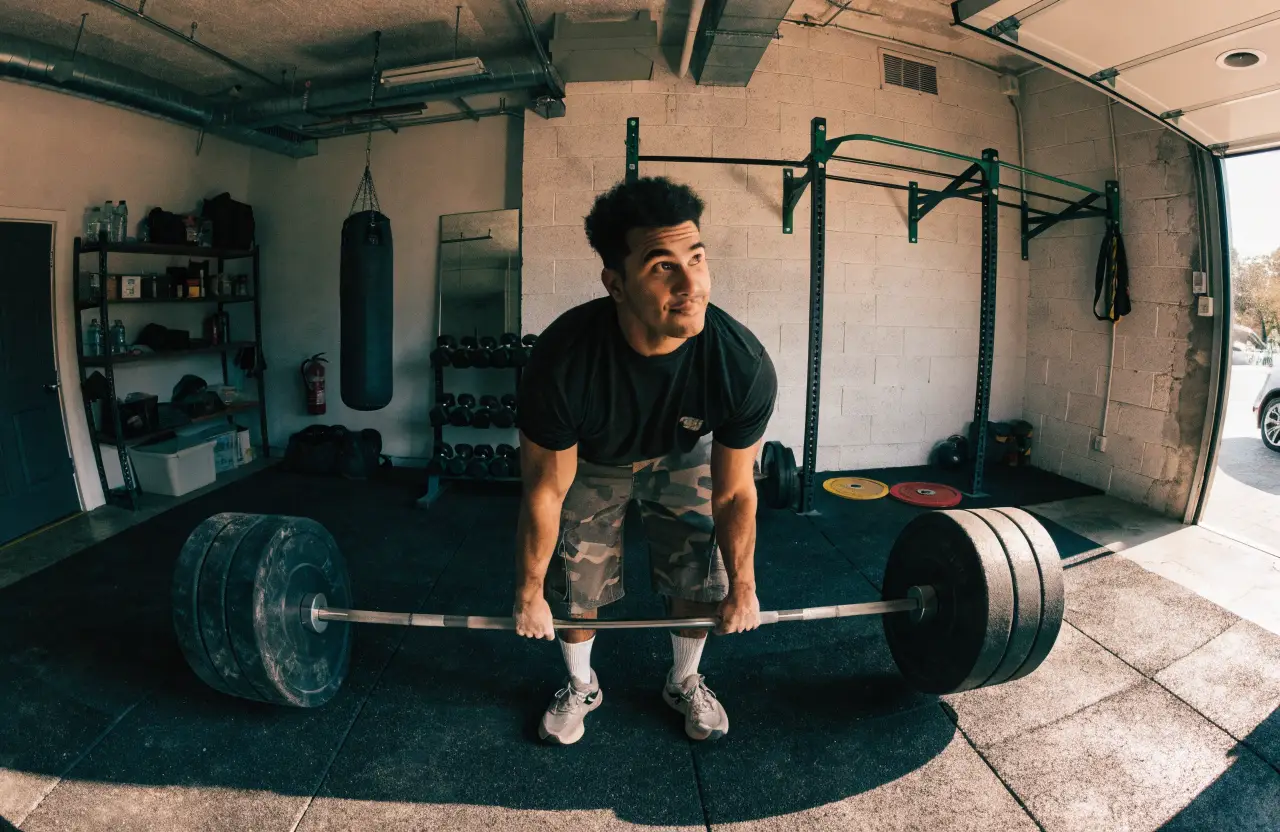 Man standing in a home garage gym after a deadlift with a loaded barbell