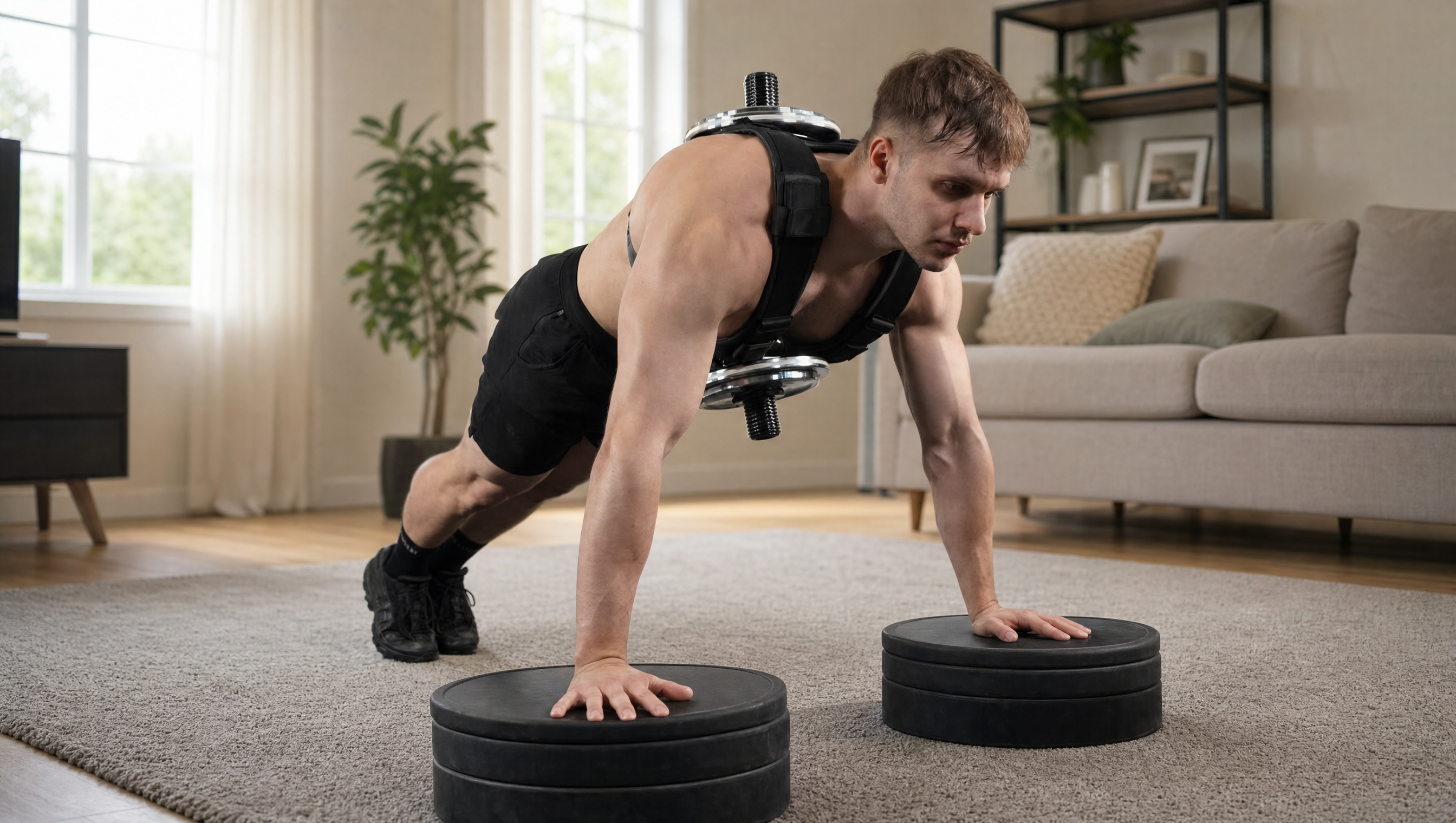 Man doing pushups with loaded weighted vest at home