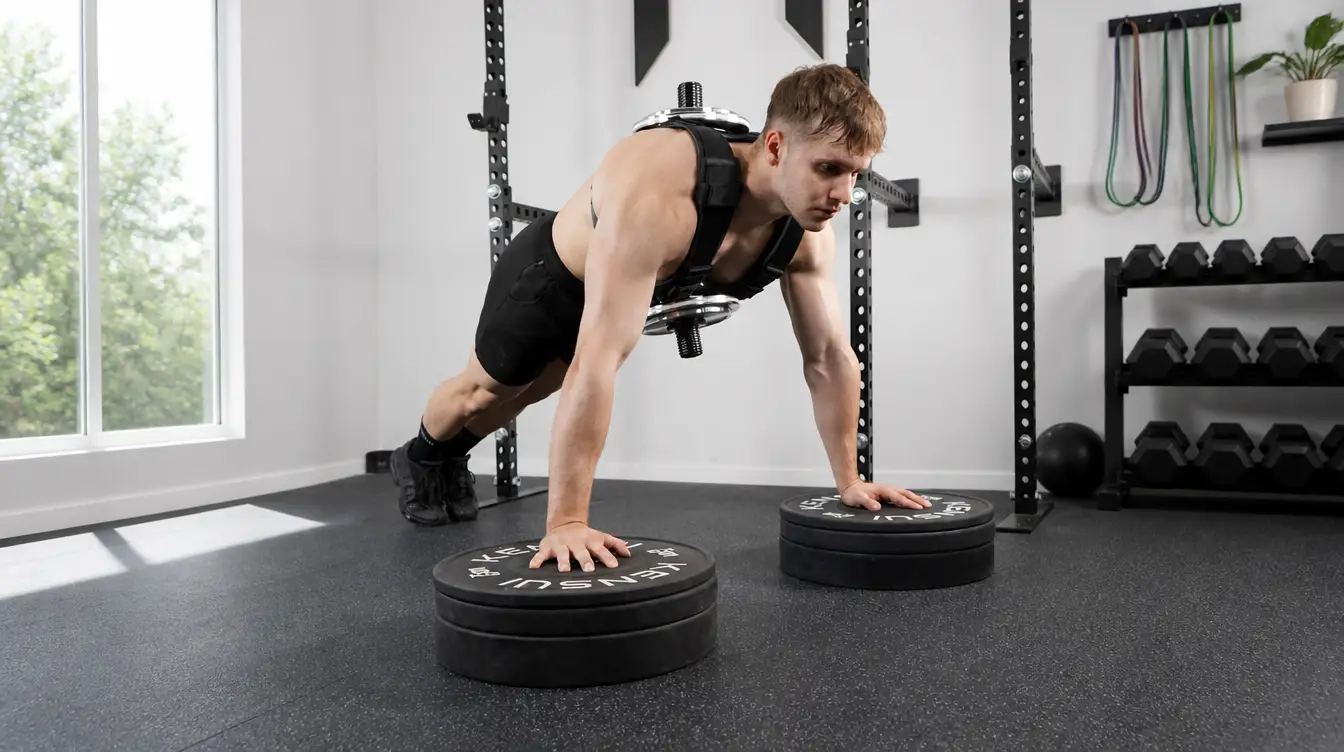 Man doing weighted pushups wearing loaded Kensui EZ-VEST in home gym