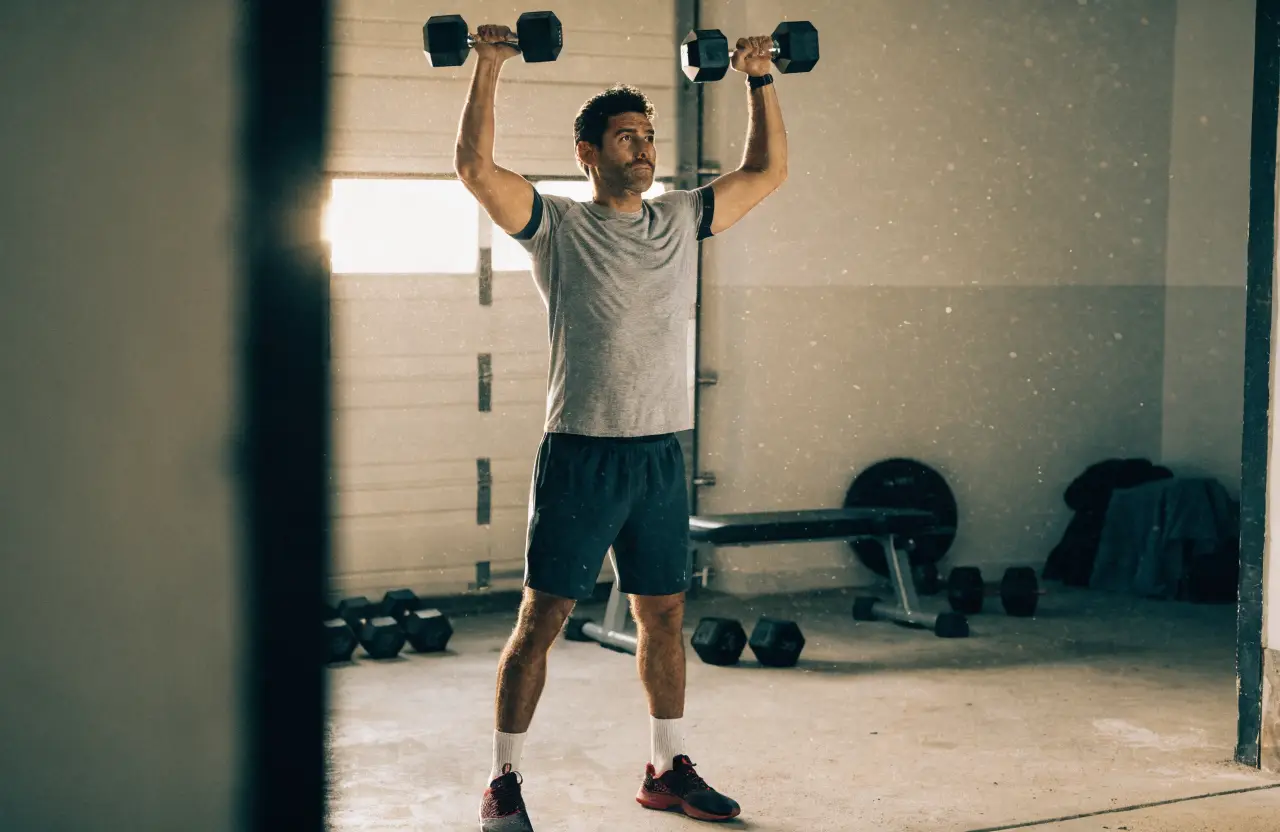 Man doing dumbbell shoulder presses in a home garage gym