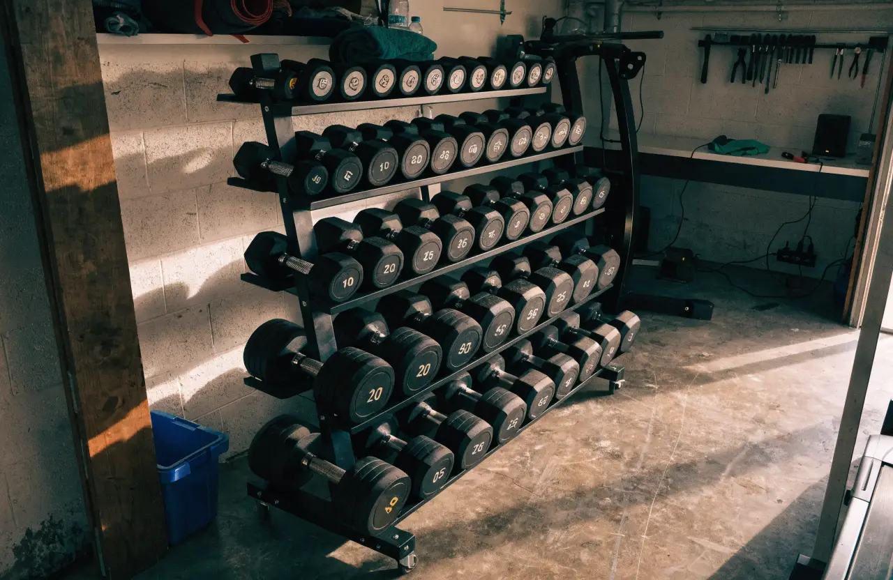 Large dumbbell rack fully loaded with rubber hex dumbbells in a home garage gym