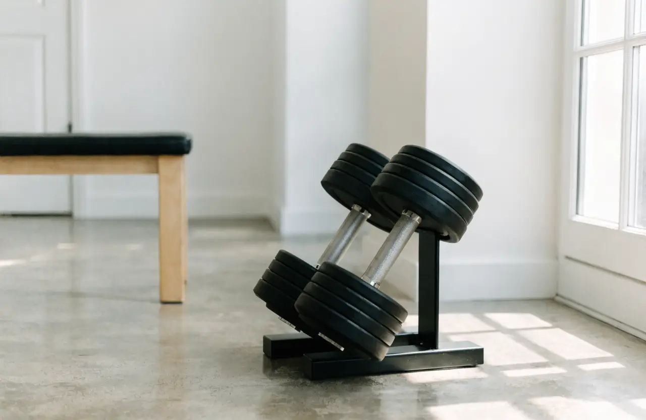 Clean minimal home gym corner with a compact pair of adjustable dumbbells on a small stand