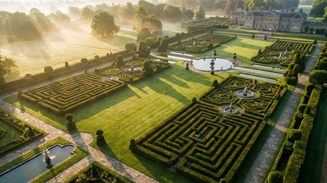 Perfekt gepflegte Gartenlandschaft im Morgenlicht