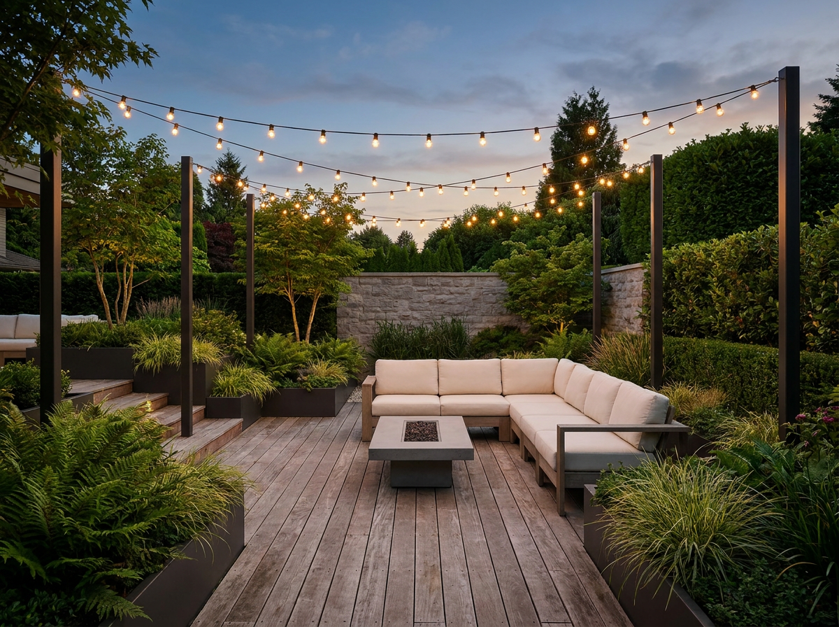 Moderne Gartenterrasse mit Holzdeck und Ambientebeleuchtung