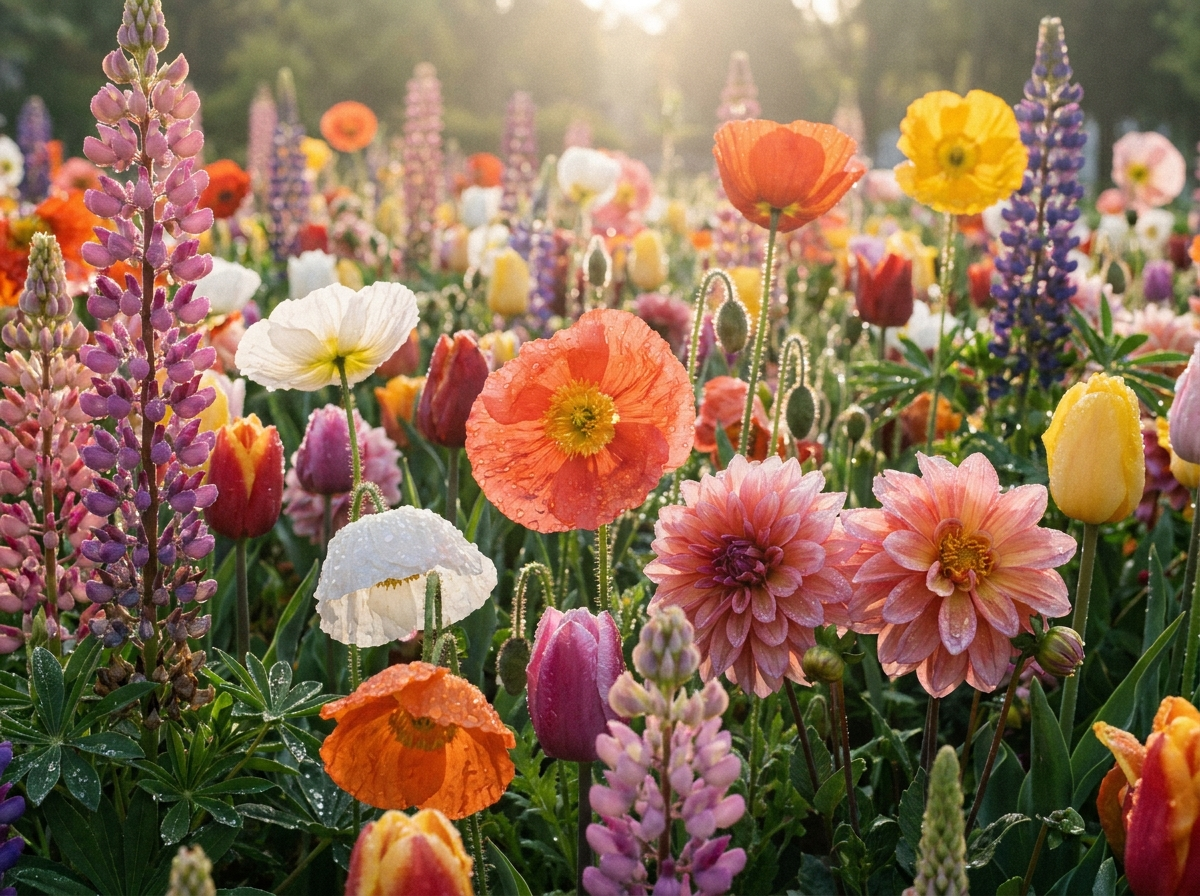 Blühendes Blumenbeet in Nahaufnahme