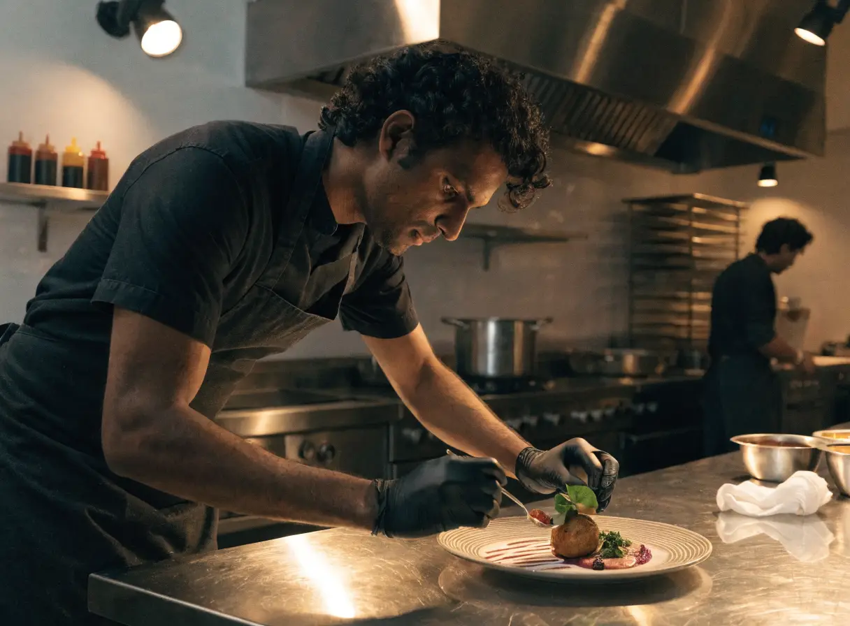 Chef plating a dish in the Saffron House kitchen