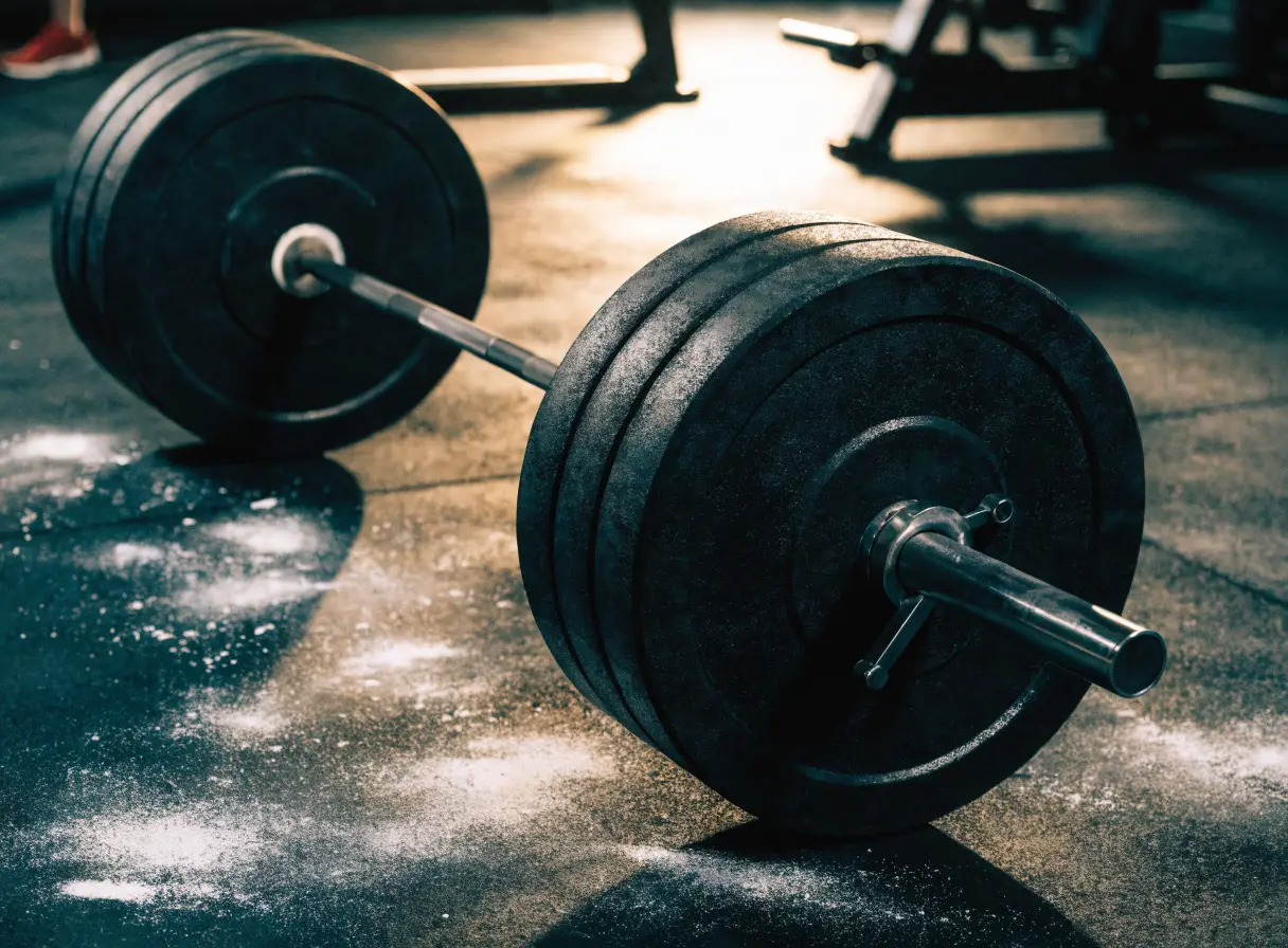 Loaded barbell on the gym floor