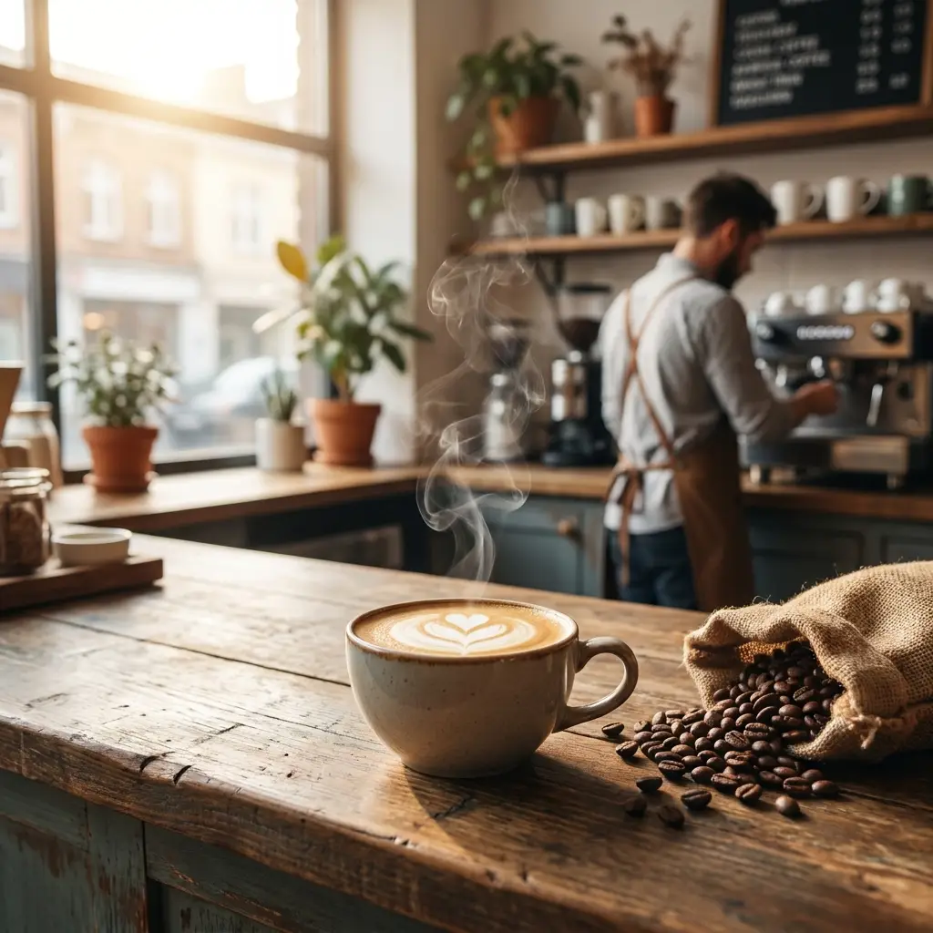 A flat white on the counter at Ember & Oak