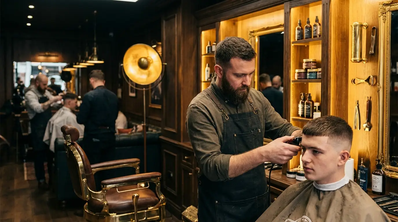 A barber giving a sharp fade in an upmarket barbershop
