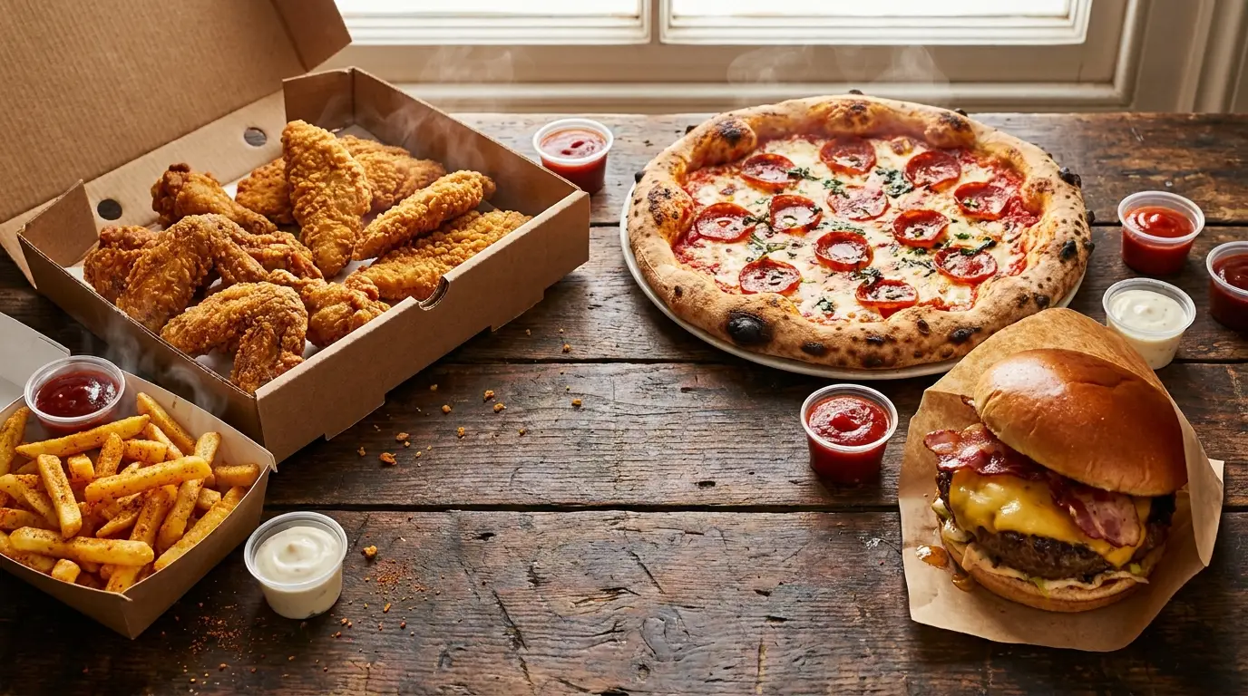 A takeaway feast of fried chicken, pizza, burger and fries