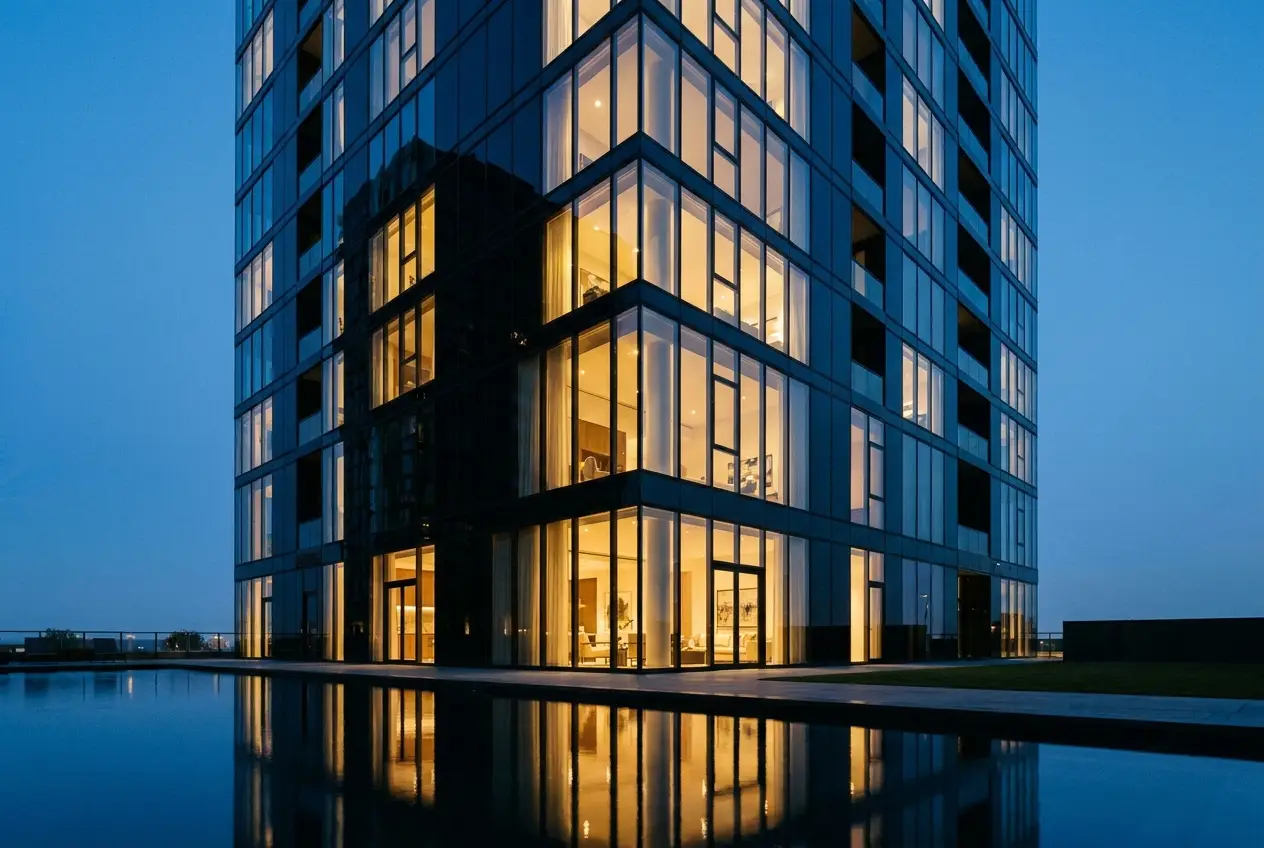 Obsidian glass luxury residential tower at dusk