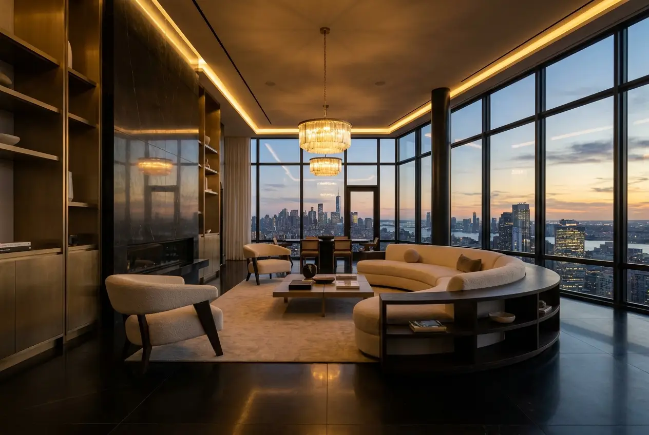 Penthouse living room with skyline views