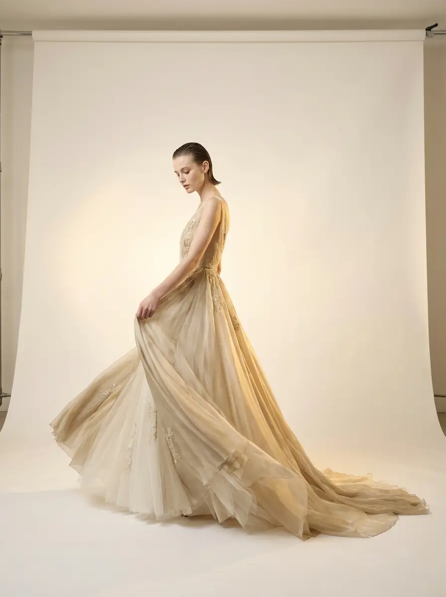 Model in a champagne-gold haute couture gown