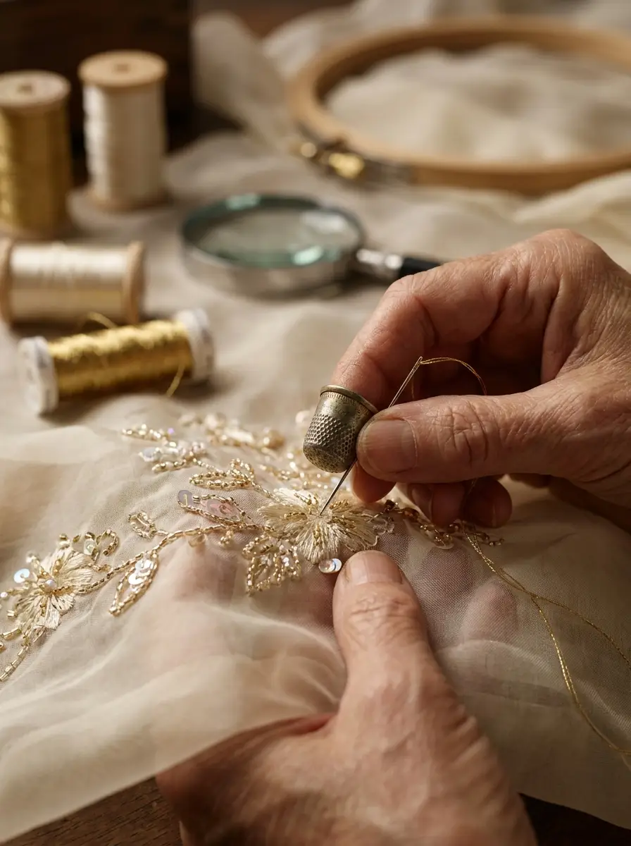 Hand embroidering gold thread onto ivory silk