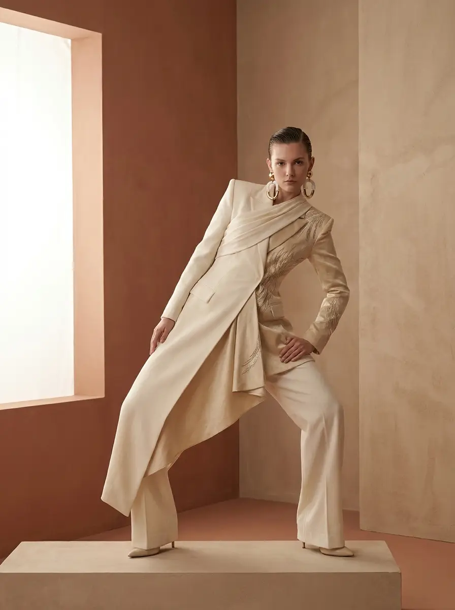 Model in a tailored ivory and gold couture ensemble