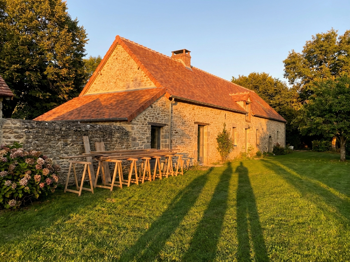Longère d’Eure-et-Loir après réfection complète de la toiture en tuiles
