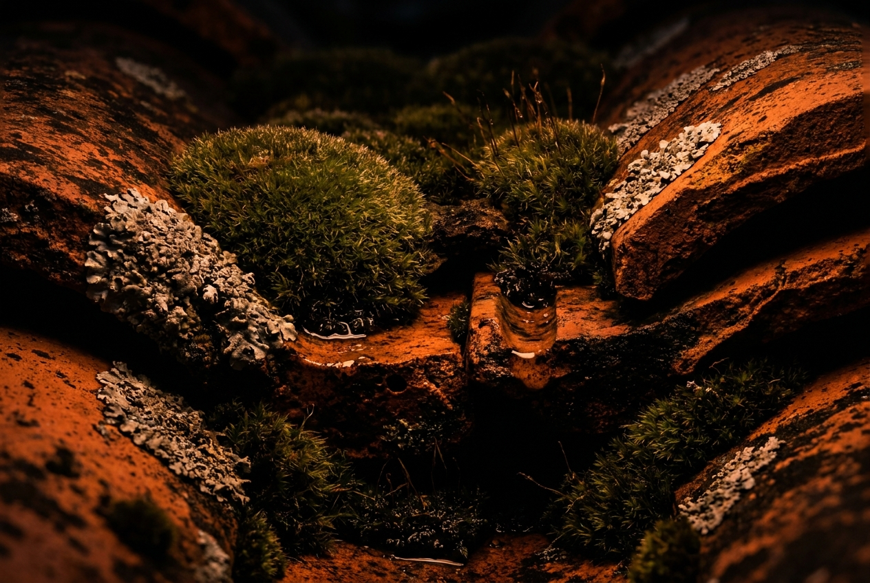Mousses et lichens épais entre des tuiles anciennes fissurées