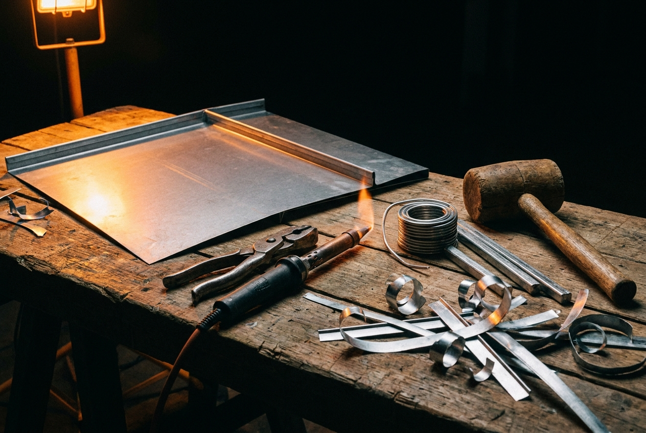 Établi de zingueur avec feuille de zinc pliée, fer à souder et maillet
