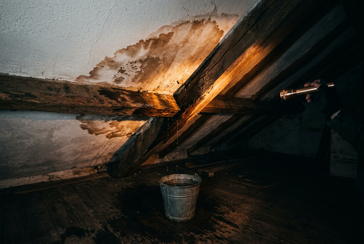 Auréole d’humidité sur un plafond blanc, seau au sol