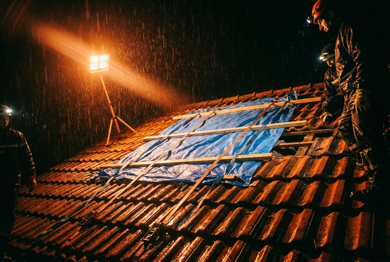 Bâche de protection sanglée de nuit sur une toiture endommagée