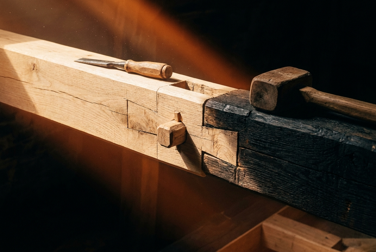 Assemblage tenon-mortaise chevillé, chêne neuf greffé sur chêne ancien