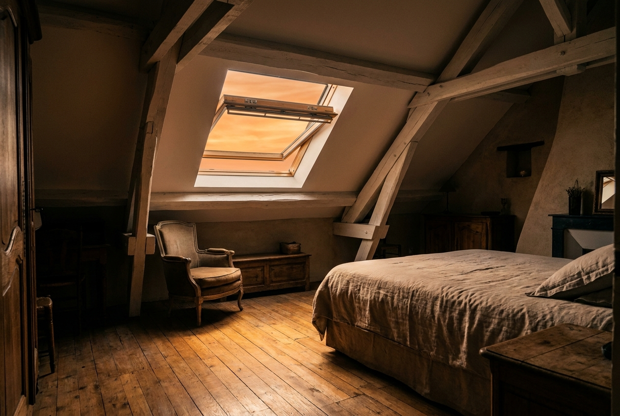 Chambre sous combles éclairée par une grande fenêtre de toit ouverte