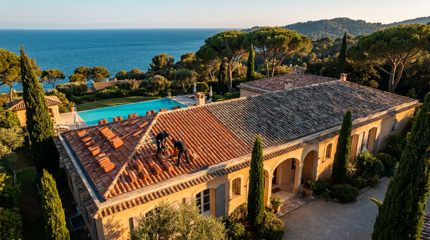 Villa provençale dont la moitié de la toiture vient d’être reprise en tuile canal