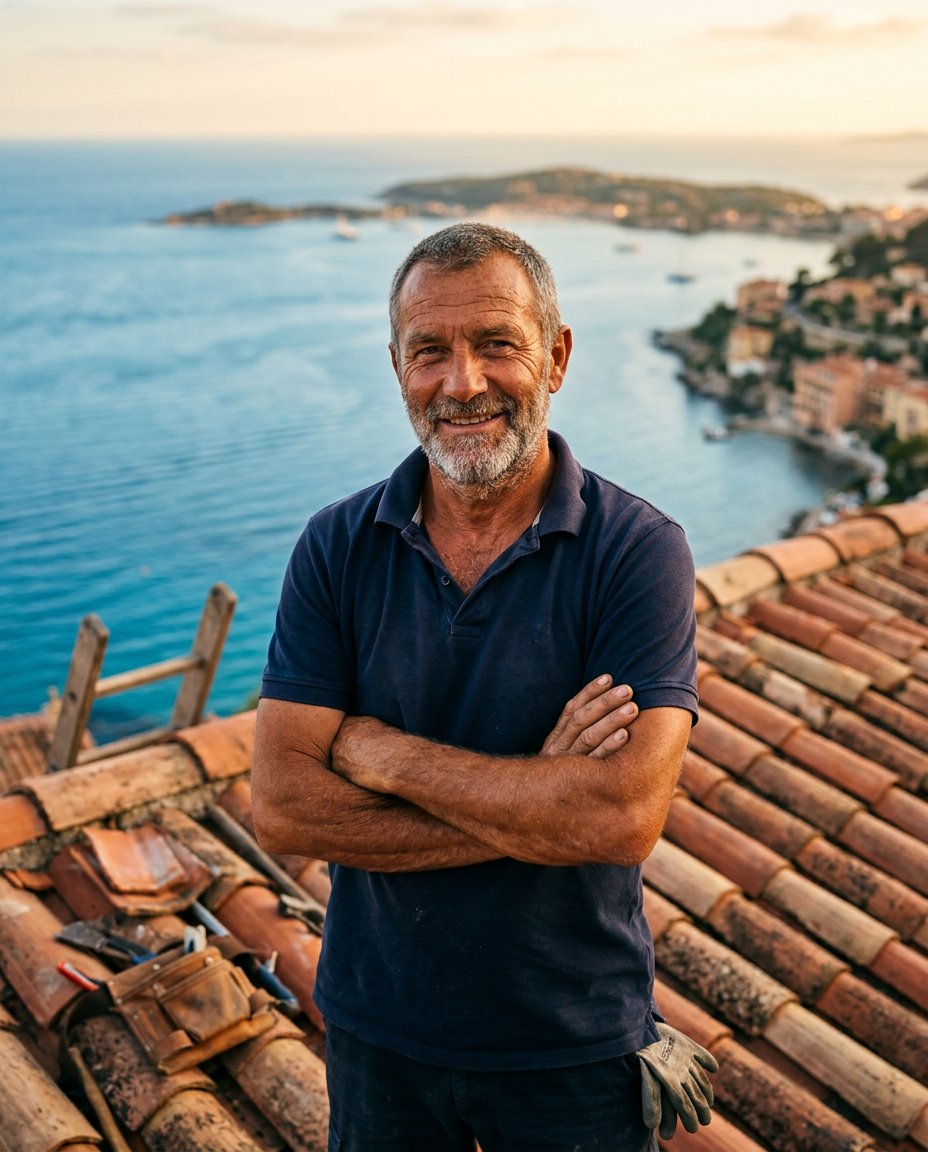 Portrait de l’artisan couvreur devant son véhicule d’intervention