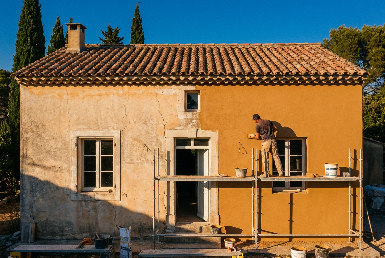 Façade de villa provençale à moitié ravalée en enduit ocre