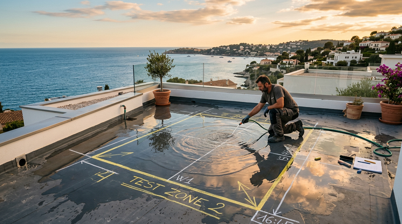 Recherche de fuite sur un toit-terrasse : mise en eau d’une zone test et repérages à la craie