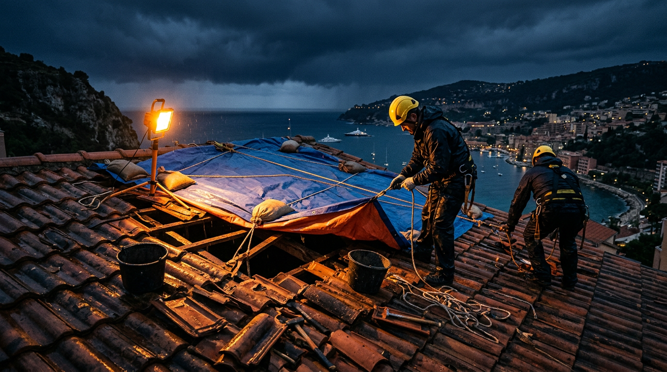 Bâchage d’urgence posé de nuit sur une toiture endommagée par la tempête
