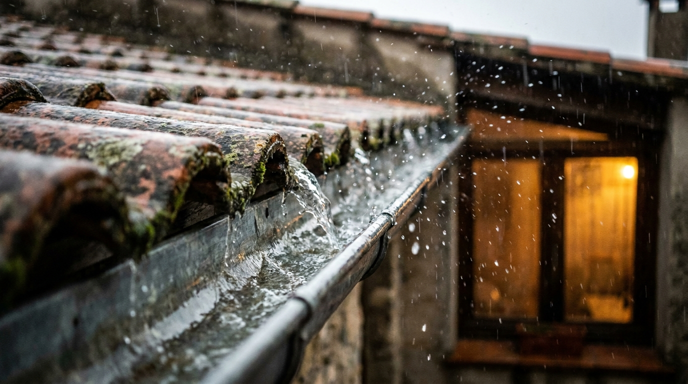 Gouttière en zinc débordant sous une averse méditerranéenne, l’eau nappant le bord de la toiture