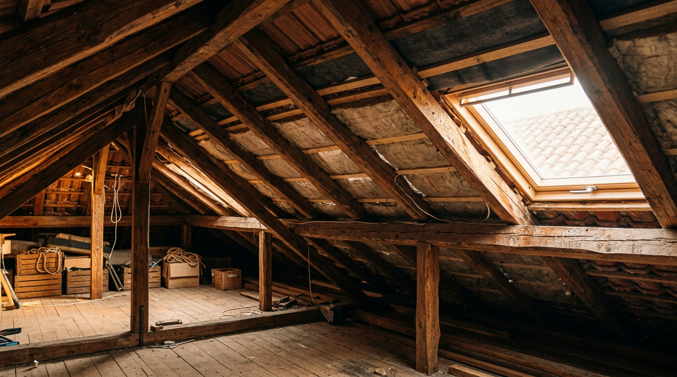 Combles sous toiture en tuiles : chevrons apparents, isolant entre les fermes et lame d’air visible sous l’écran