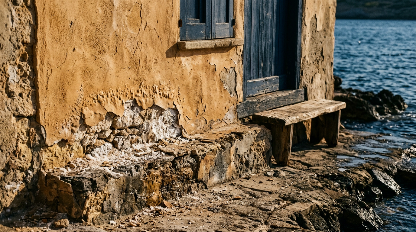 Enduit de façade cloqué et écaillé en pied de mur sur une maison en bord de mer