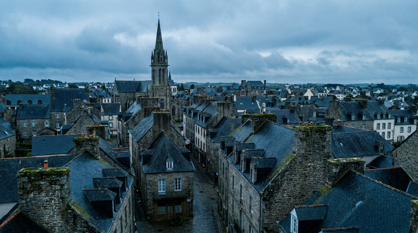 Toits d’ardoise serrés d’un centre-ville breton sous un ciel bas — secteur de Quimper