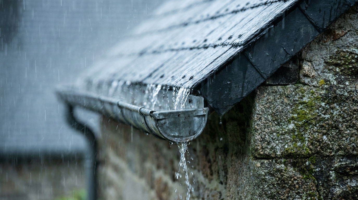 Gouttière en zinc débordant sous une pluie battante le long d’un mur en granit