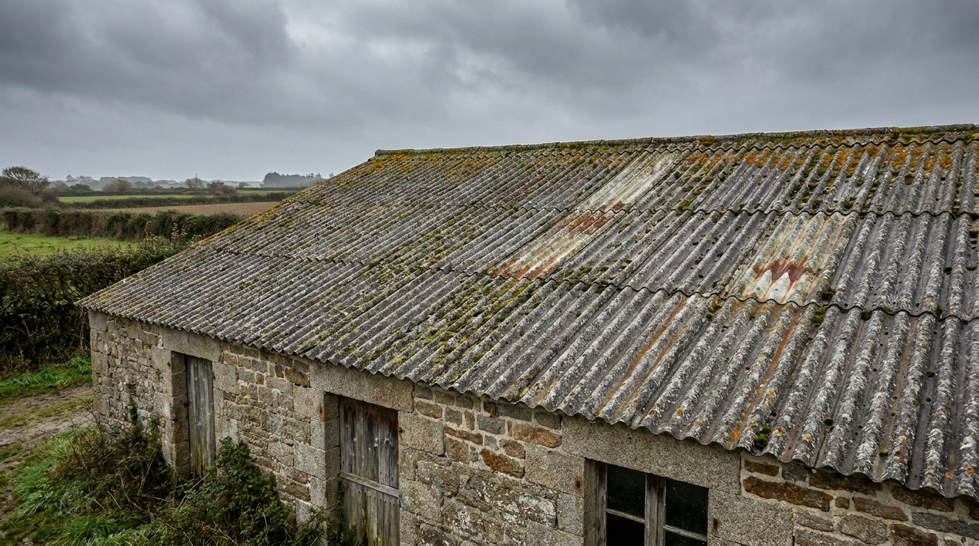 Toiture ondulée en fibrociment vieillie sur une dépendance agricole bretonne