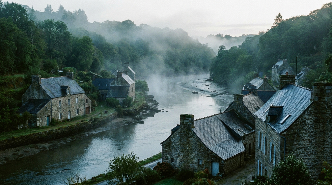 Maisons en ardoise le long d’une ria bretonne dans la brume du matin — secteur de Rosporden