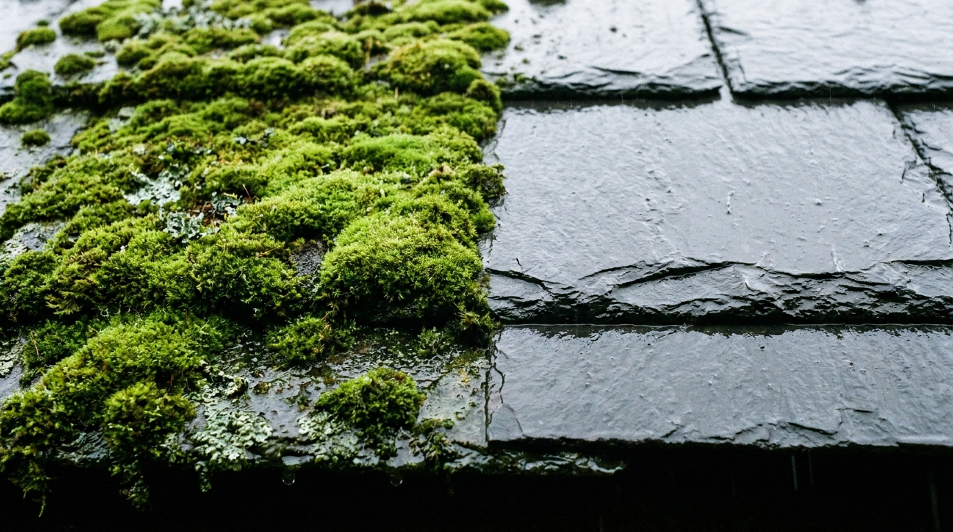 Toiture en ardoise à moitié couverte de mousse épaisse et de lichen