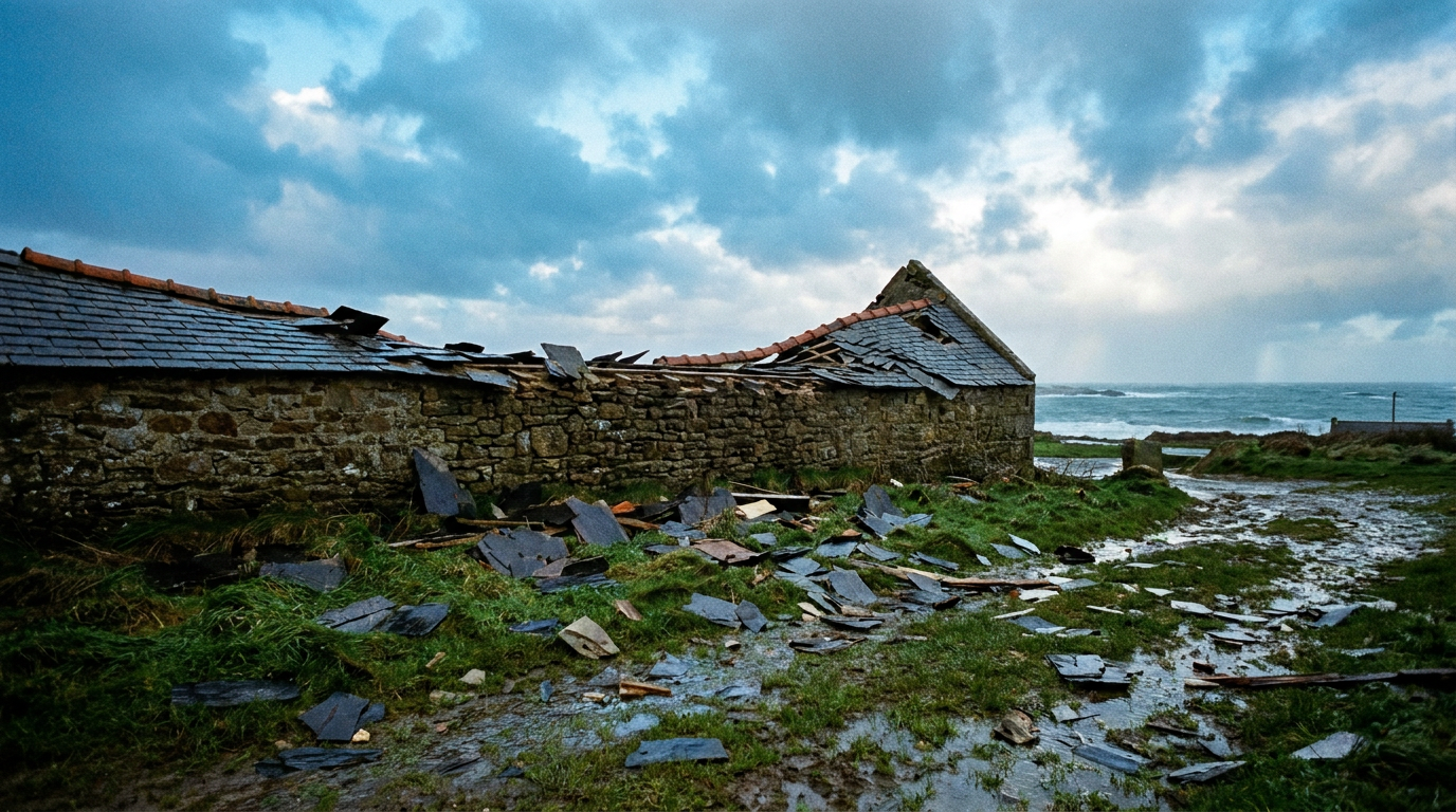 Ardoises cassées au sol au lendemain d’une tempête bretonne