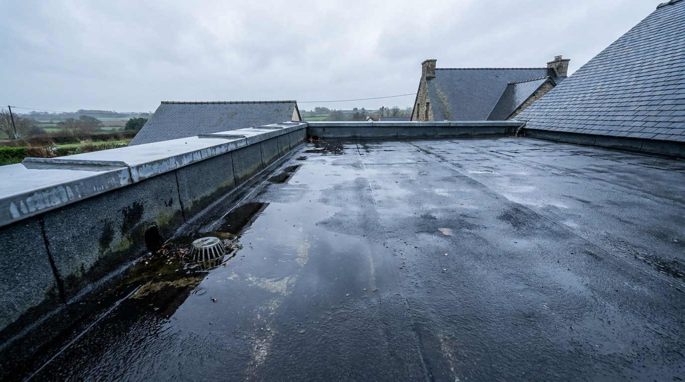 Toiture-terrasse après la pluie, eau stagnante près d’une évacuation obstruée