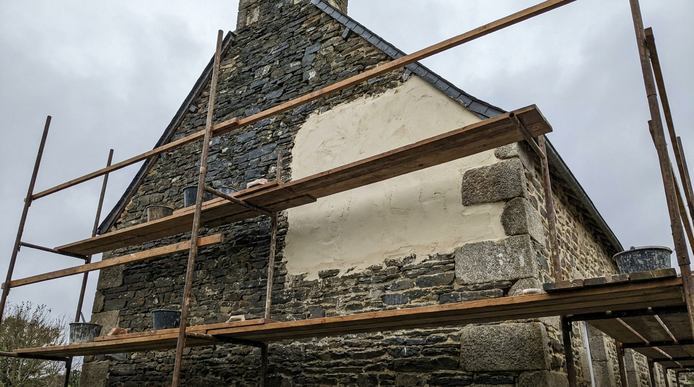 Pignon breton en cours de ravalement, enduit clair appliqué sur la moitié du mur