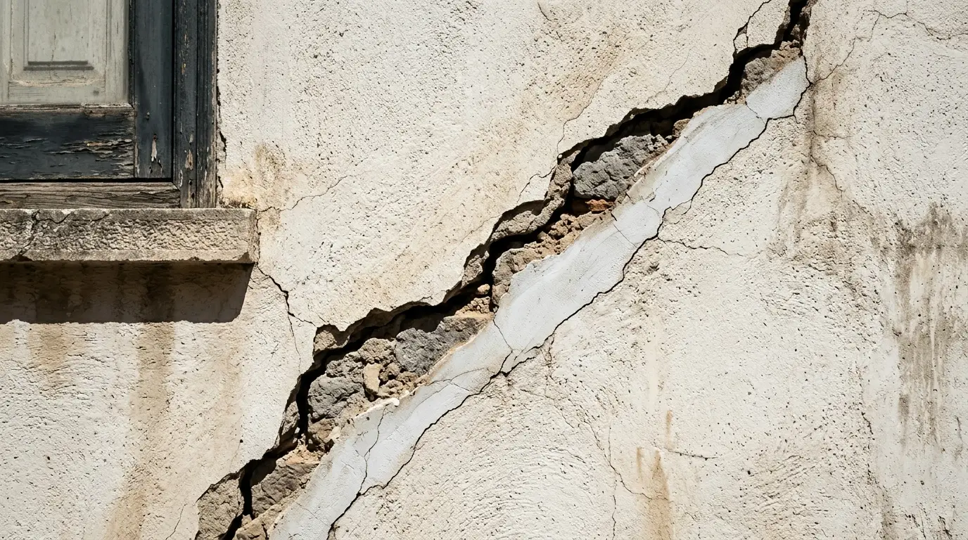 Fissure diagonale traversant un enduit de façade près d’un angle de fenêtre