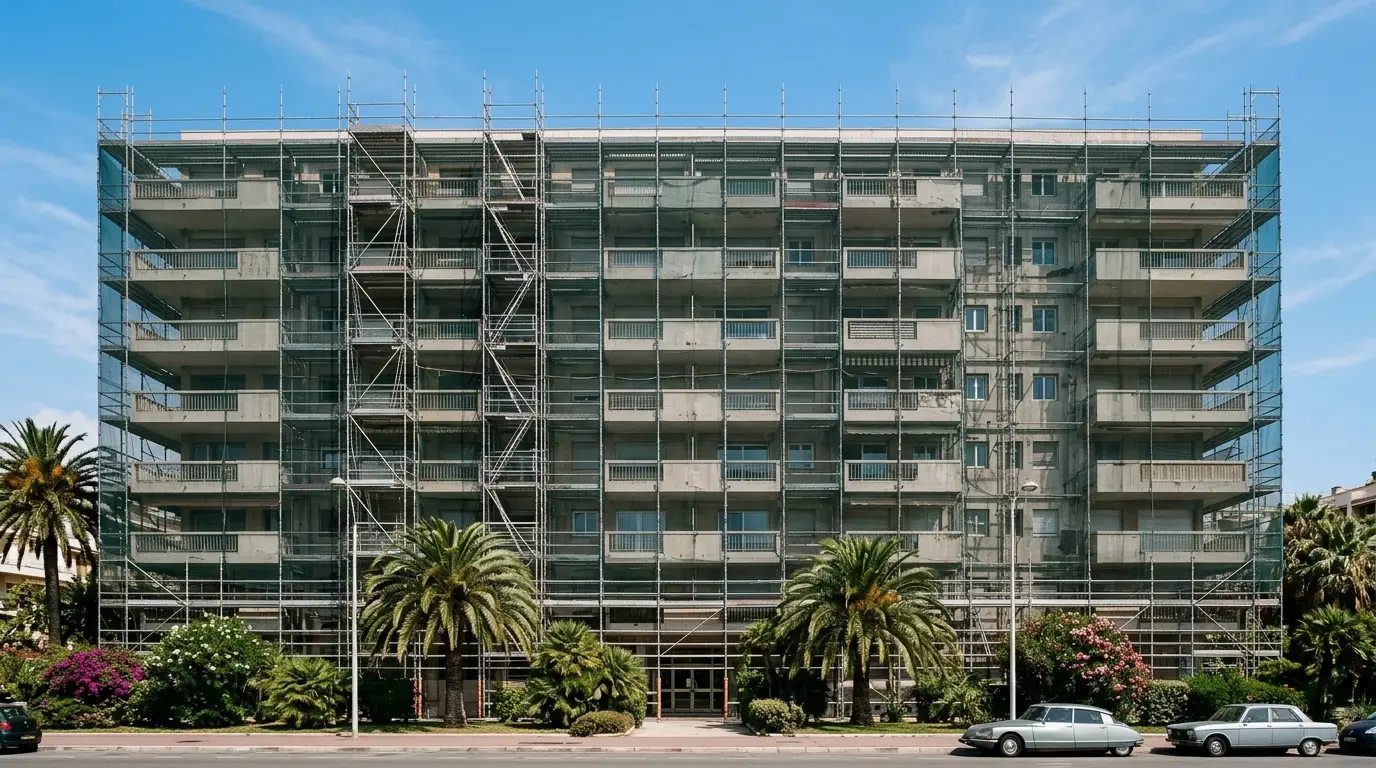 Immeuble entièrement recouvert d’un échafaudage et d’un filet de chantier