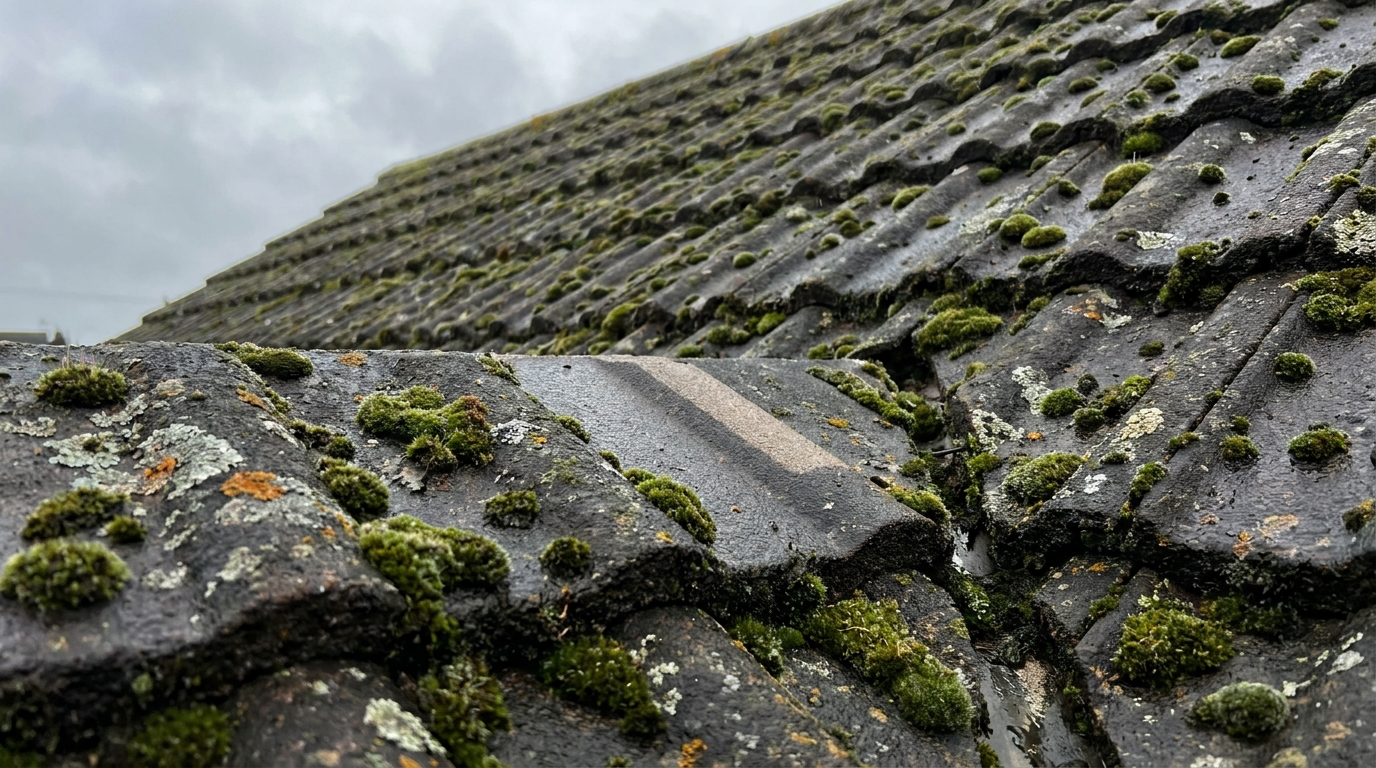 Thick moss in the tile laps of a north-facing slope, with one cleared course