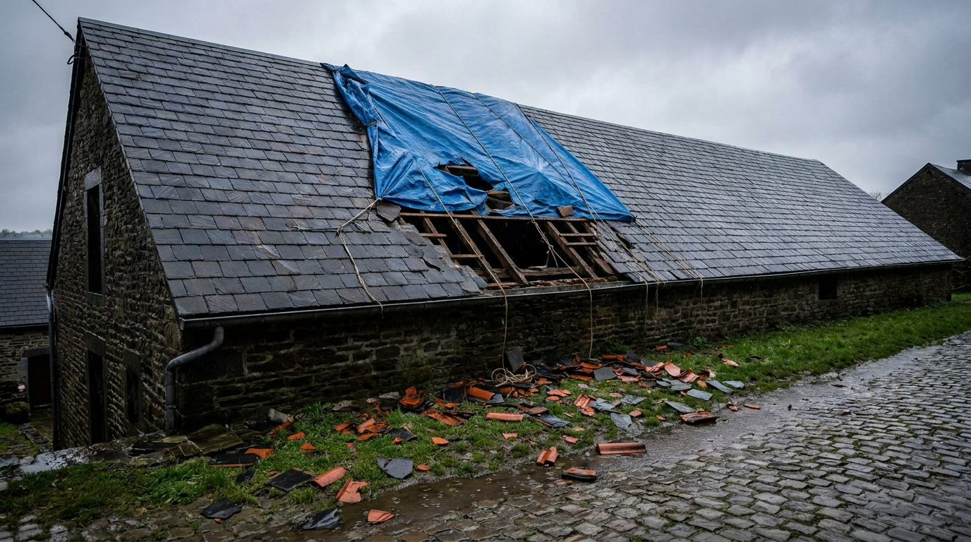 Dakvlak met verschoven pannen na storm, gedeeltelijk afgedekt met een zeil