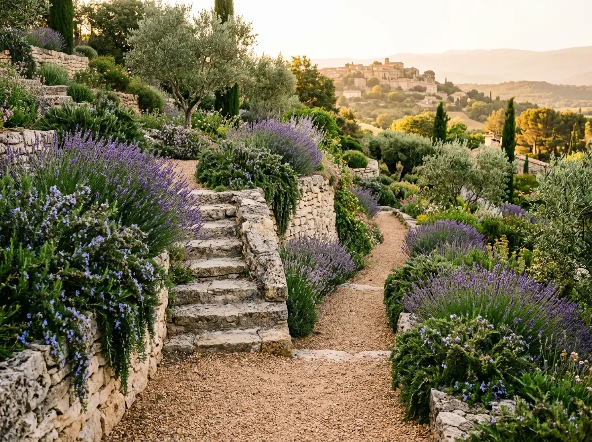 Muret et escalier de jardin en pierre sculptée