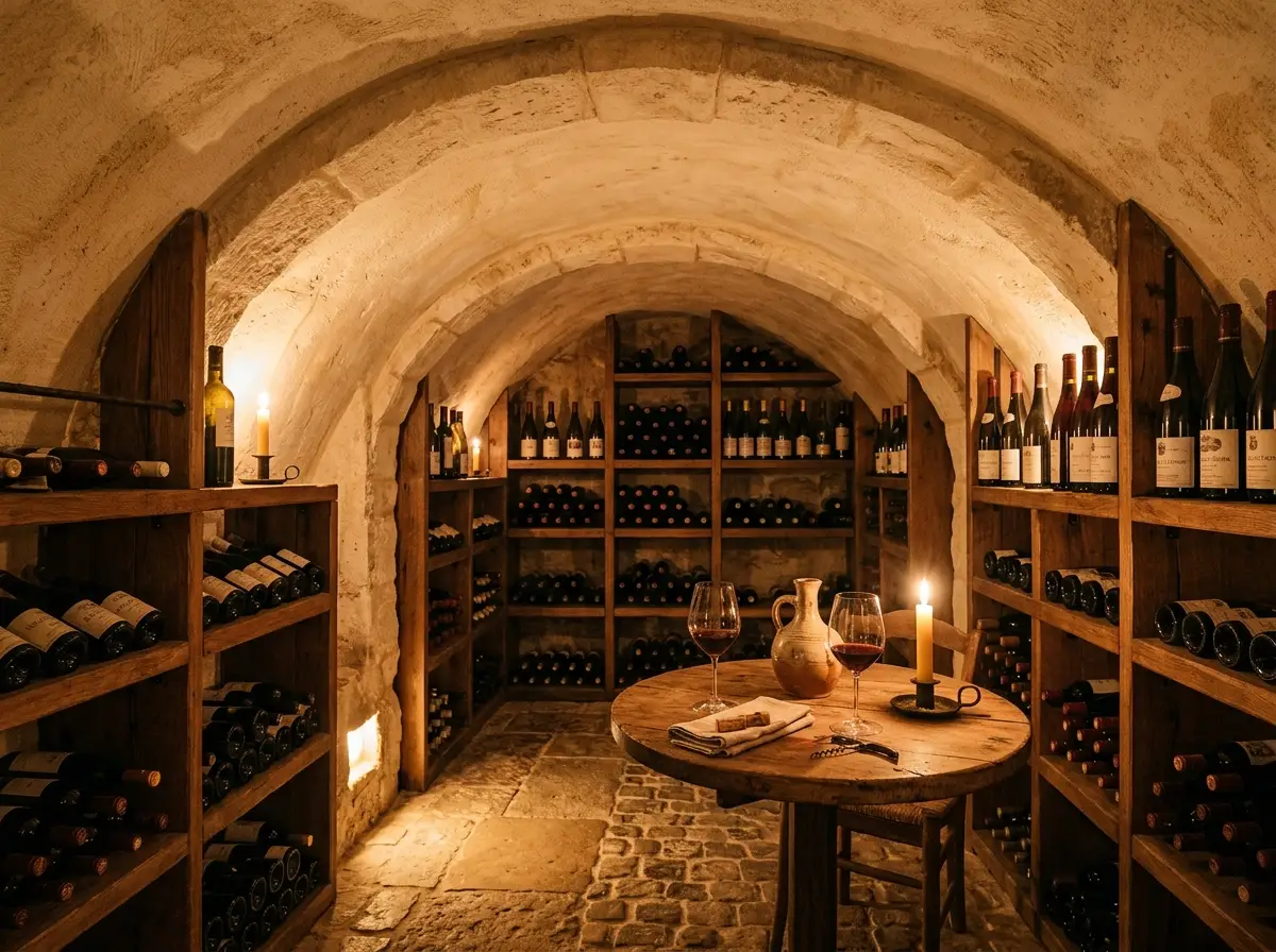 Cave de dégustation voûtée en enduit sculpté, casiers à bouteilles