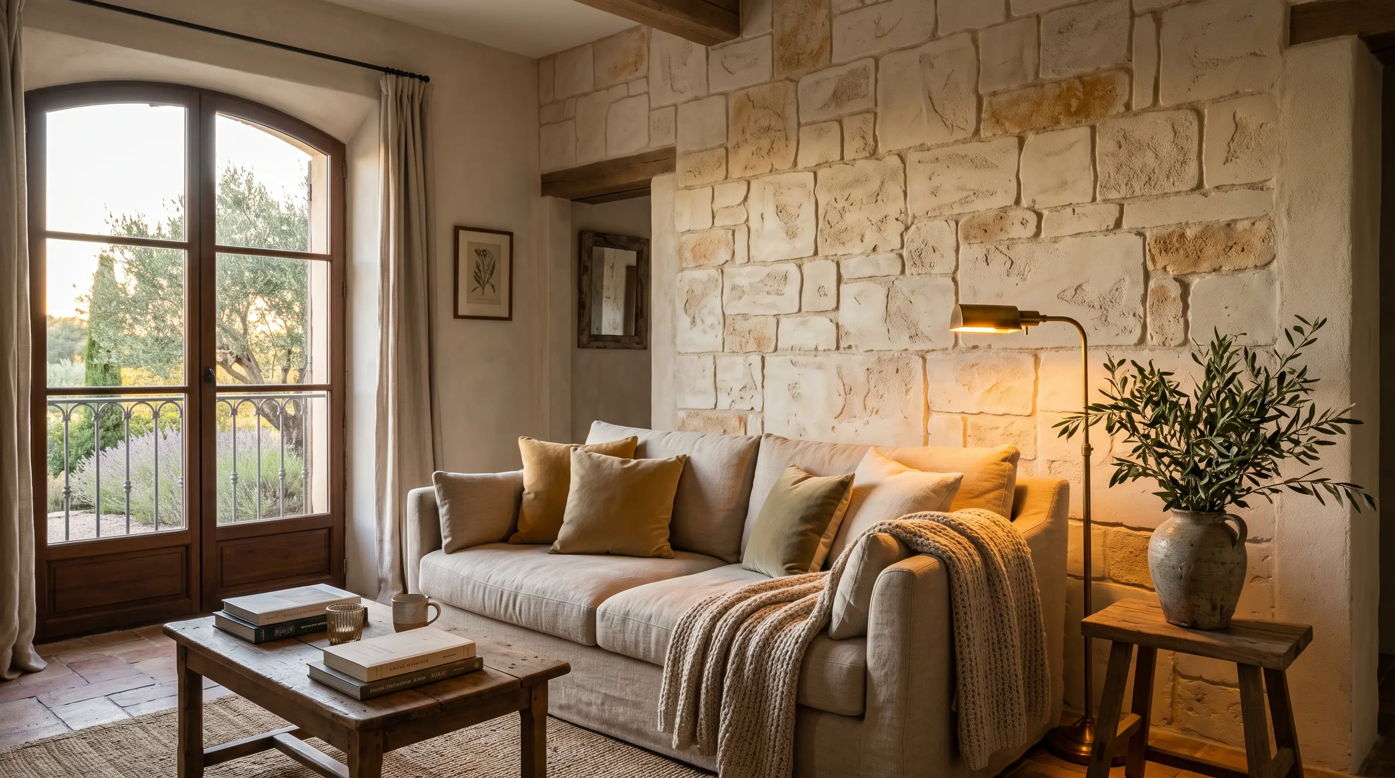 Salon provençal avec mur d’accent en fausse pierre sculptée, lumière chaleureuse