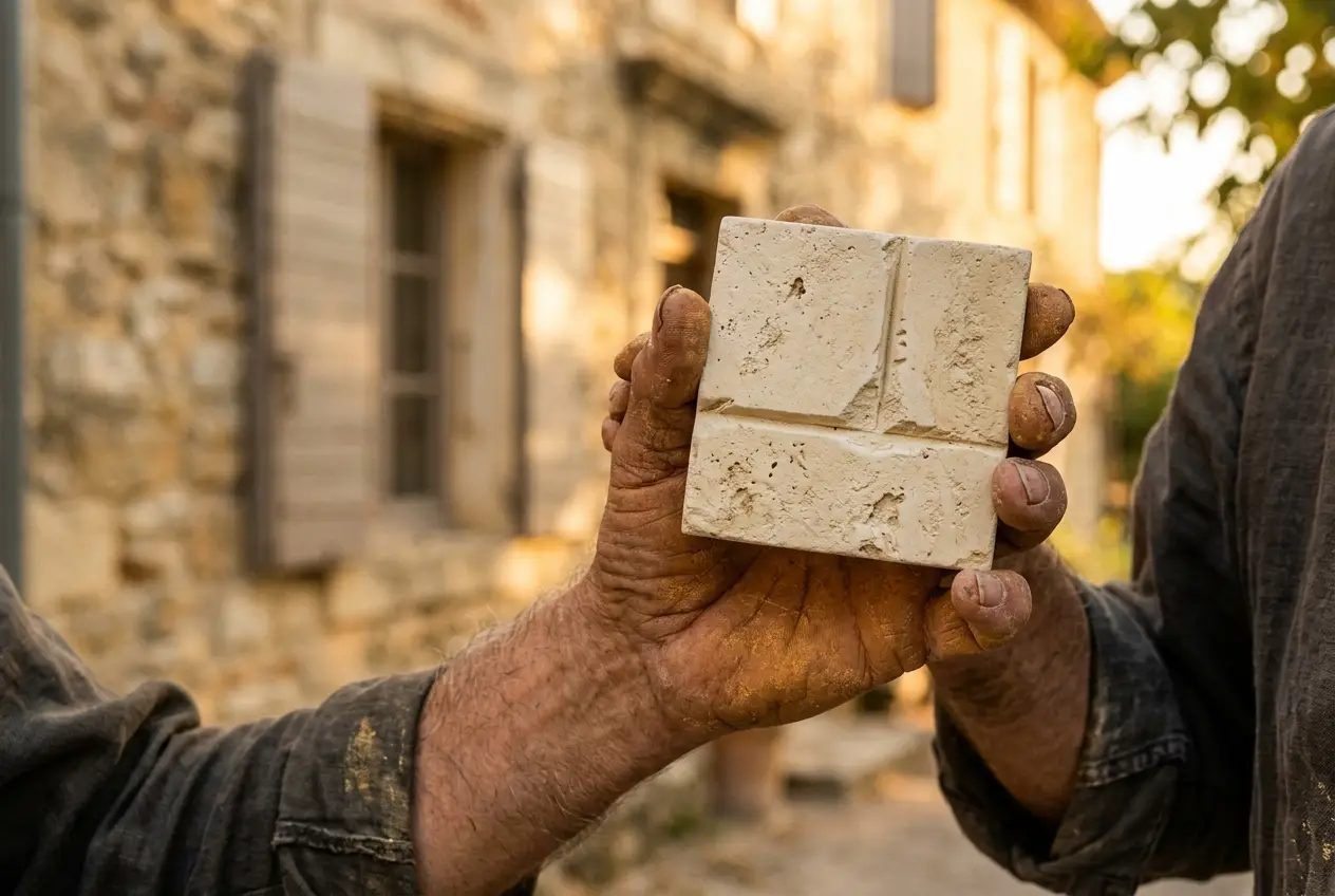 Main d’artisan présentant un échantillon d’enduit sculpté imitation pierre devant une façade